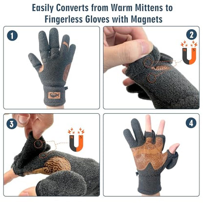 Palmyth Magnetic Fleece Fishing Gloves Convertible 3 Cut Fingers Ice Fishing Warm for Cold Weather Photography - size: Large