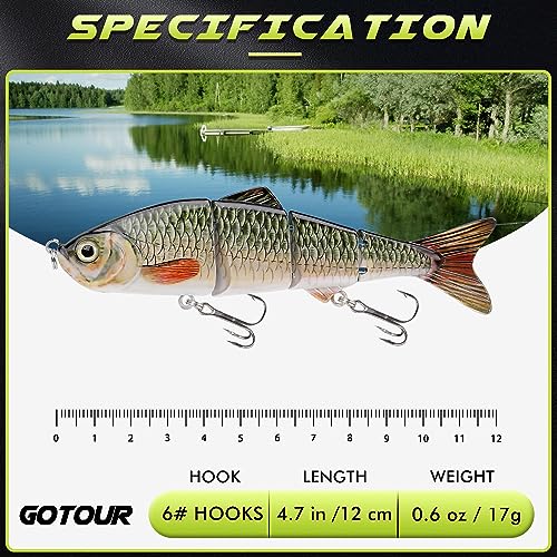 GOTOUR Jointed Swimbaits, Easy Catch Fishing Lures for Bass Trout Crappie | Wiggling Vibrating Rattling Gurgling for More Bites, Heavy-Duty Dyneema Fiber, Slow Sinking, Fresh & Saltwater Fishing Baits - color: C1-4.7"-0.6oz