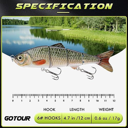 GOTOUR Jointed Swimbaits, Easy Catch Fishing Lures for Bass Trout Crappie | Wiggling Vibrating Rattling Gurgling for More Bites, Heavy-Duty Dyneema Fiber, Slow Sinking, Fresh & Saltwater Fishing Baits - color: C1-4.7"-0.6oz
