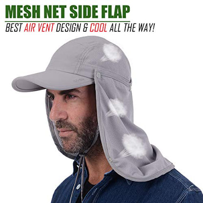 USHAKE Sun Cap Fishing Hat Baseball Cap with Face Neck Cover Flap - color: Light Grey-1