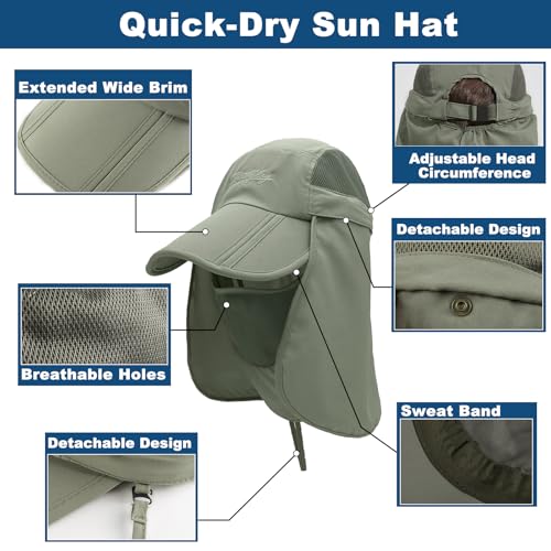 Surblue Neck Face Flap Outdoor Cap UV Protection Sun Hats Fishing Hat Quick-Drying UPF50+ - color: B-army Green, size: Medium