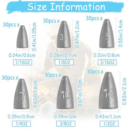 30Pcs Bullet Fishing Weights Fishing Worm Weights Sliding Fishing Sinkers for Bass Fishing Saltwater Freshwater 1/16oz to 1/2oz - size: 3/16oz-30pcs