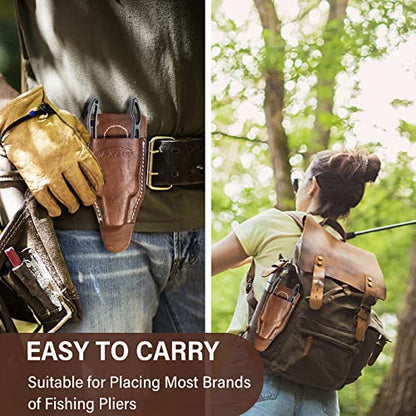 Fishing Pliers Holster with Retractable Lanyard, Universal Fit for Most Sea Fishing & Wild River Lure Tongs Leather Accessories - color: Light Brown