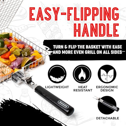 SHIZZO Grill Basket Gift Set - Removable Wooden Handle - Non-Stick Stainless Steel, BBQ Grilling Rack for Fish, Shrimp, Vegetables - Camping & Outdoor Smoker Accessories, Gifts for Dad, Husband