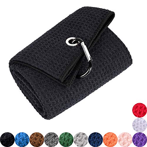 Mile High Life Microfiber Waffle Pattern Golf Towel | Club Groove Cleaner Brush | Foldable Divot Tool with Magnetic Ball Marker (Black Towel/Brush/Fish Divot) - color: Black Towel/Brush/Fish Divot