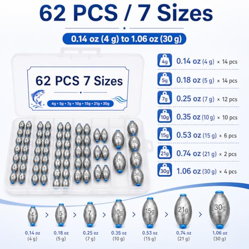 Egg Sinkers Fishing Weights Kit, 40/62pcs 6/7 Sizes Egg Sinker Assortment 1/8-1 oz, Slip Sinkers for Saltwater Freshwater Bass Catfish Fishing, Smooth Bore Lead Sinkers Weights with Tackle Box - size: 62 pcs / 7 Sizes