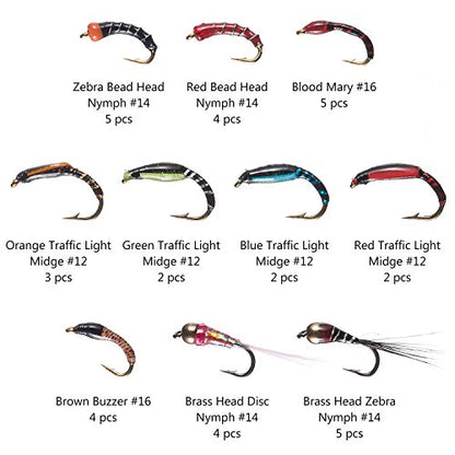 BASSDASH Fly Fishing Flies Kit Fly Assortment Trout Bass Fishing with Fly Box with Dry/Wet Flies, Nymphs, Streamers, Popper - style: 36 Pcs Nymph Midge Flies