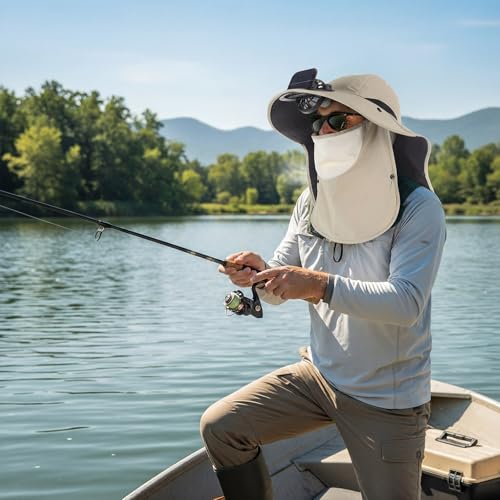 Berlune Solar Fan Hat Outdoor Fishing Hat with Neck Flap and Face Mask USB and Solar Powered for Men Women Sun Protection - color: Khaki