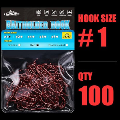 Baitholder Fishing Hooks 100 Pack - Double-Barbed Long Shank for Bluegill Bass Trout Walleye Black/Red, 8/0-#8 - color: 1-Red, size: Size:1 100-Pack