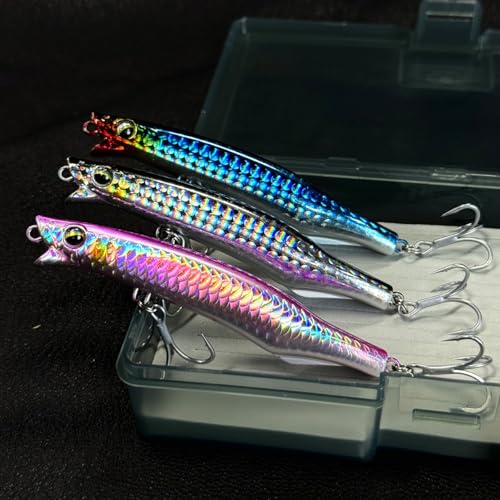 Saltwater Fishing Lures Kit, 3pcs Fishing Sriper Lures Minnow Lures Deep Diving Jerkbait, Crankbait Popper Plugs Hardbaits with Treble Hooks for Inshore Offshore Ocean Sea Fishing (A1-3.7'' 0.75oz)