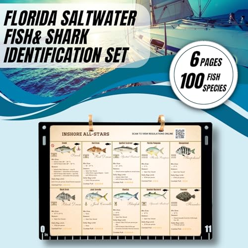 Florida Saltwater Fish & Shark ID Set - 100 Species Waterproof Guide (9.8x7.1") - 11.4" Acrylic Backplate with Integrated 11" Ruler & 40" Folding Fish Tape - Reusable Catch Log & Dry Erase Pen (black)