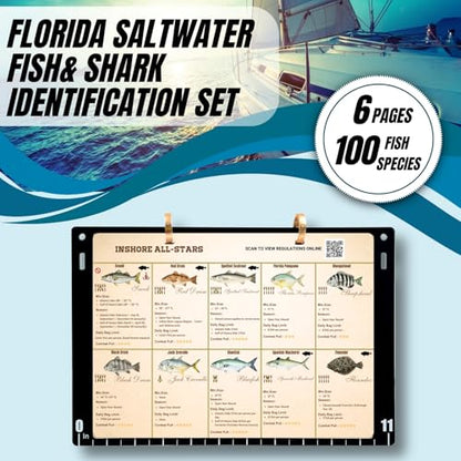 Florida Saltwater Fish & Shark ID Set - 100 Species Waterproof Guide (9.8x7.1") - 11.4" Acrylic Backplate with Integrated 11" Ruler & 40" Folding Fish Tape - Reusable Catch Log & Dry Erase Pen (black)