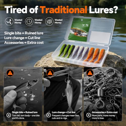 Modular Soft Lure System Kit 15Pcs - Removable Jig Head Hooks Design with Premium TPE Swimbait Paddle Tail, Snap Swivels Included, 3.5in 0.56oz, Mimic Minnow Tackle Box Set for Bass Trout
