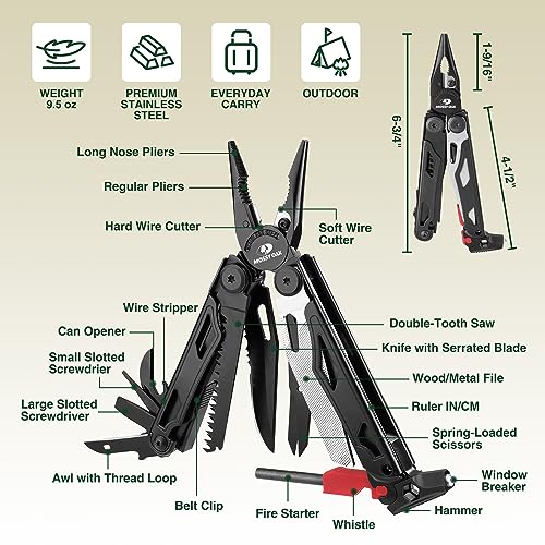 MOSSY OAK Multitool, 19-in-1 Stainless Steel Multi Tool Pliers, Survival Tools with Fire Starter, Window Breaker, Whistler, Self-locking EDC Gear with Sheath for Outdoor, Survival, Camping, Hiking - style: 19-in-1 with Fire Starter & Whistle