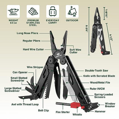 MOSSY OAK Multitool, 19-in-1 Stainless Steel Multi Tool Pliers, Survival Tools with Fire Starter, Window Breaker, Whistler, Self-locking EDC Gear with Sheath for Outdoor, Survival, Camping, Hiking - style: 19-in-1 with Fire Starter & Whistle