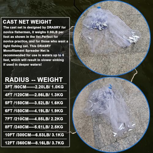 Drasry Saltwater American Fishing Cast Net 3/8inch Mesh Size for Bait Shrimp Trap Fish Heavy Duty Sinkers Throw Net 3FT/4FT/5FT/6FT/7FT/8FT/9FT/10FT Radius - color: White B, size: 10FT Radius, style: Mono -Zinc-iron-3/8" Mesh 0.66lb/Ft
