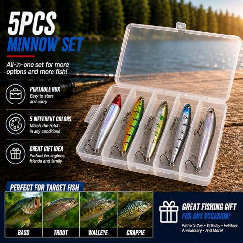 5PCS Sinking Jerkbait Fishing Lures, Long Casting Minnow Hard Baits with Realistic Swimming Action, Freshwater Fishing Lure Set for Bass, Trout, Walleye and Pike - size: 4.12"