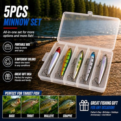 5PCS Sinking Jerkbait Fishing Lures, Long Casting Minnow Hard Baits with Realistic Swimming Action, Freshwater Fishing Lure Set for Bass, Trout, Walleye and Pike - size: 4.12"