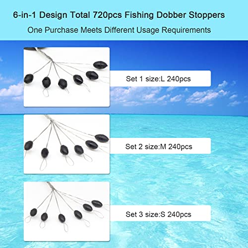 720Pcs Rubber Bobber Stoppers, 6 in 1 Oval Sinker Stops L/M/S, Depth Marker for Freshwater & Saltwater Casting Fishing