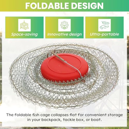 2 Pack Floatable Galvanized Steel Wire Fish Baskets, Collapsible Caget for Live Caught Fish, Portable Fishing Basket Wire Fishing Net Cage