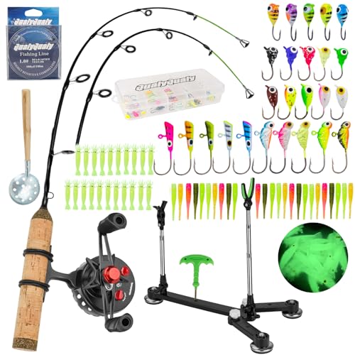 QualyQualy Ice Fishing Rod Reel Combo Complete Set Ice Fishing Gear with Backpack Seat Ice Cleats Ice Fishing Jigs Line Full Ice Fishing Kit 24" 26" - style: 26" Inline Reel-right Hand