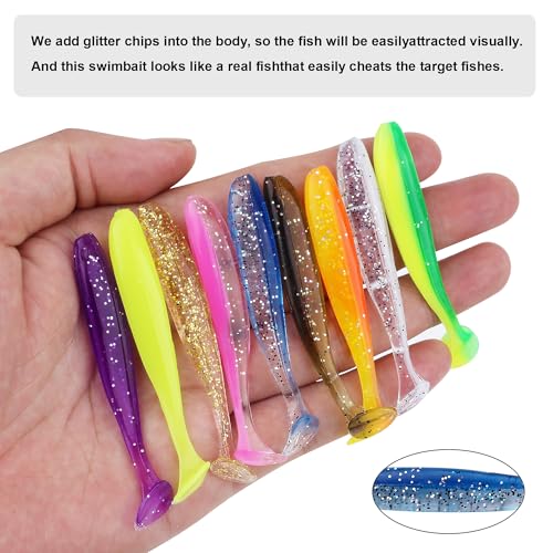 Soft Fishing Lures，90pcs Fishing Soft Plastic Lures and 5pcs Fishhook,Paddle Tail Swimbaits Soft Plastic Lures Kit for Bass Trout Walleye Crappie