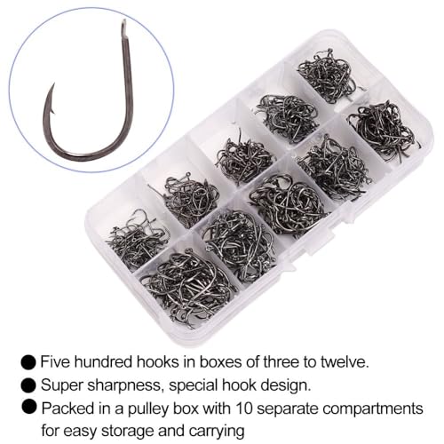 500Pcs Fishing Hooks Set – High Carbon Steel Sharpened Barbed Circle Hooks in Assorted Sizes 3 to 12 for Freshwater and Saltwater Fishing - size: 3#-Flat Head