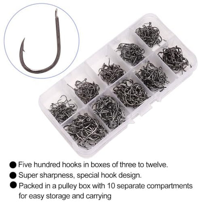 500Pcs Fishing Hooks Set – High Carbon Steel Sharpened Barbed Circle Hooks in Assorted Sizes 3 to 12 for Freshwater and Saltwater Fishing - size: 3#-Flat Head