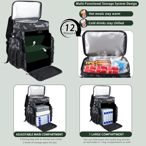Fishing Backpack with Cooler & 4 Rod Holder, Large 45L Tackle Bag Store Fishing Gear Boxes Gifts for Men Woman-Camo Back Pack