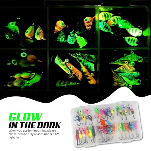 Ice Fishing Jigs Kit, 36/60/100pcs Micro Jig Heads Lures Hook Set for Winter Ice Jigging, Panfish, Perch, Trout, Bluegill, Walleye, Crappie Ice Fishing Lures Hooks Set with Storage Box - color: A -36pcs Ice fishing jigs (6 Style)