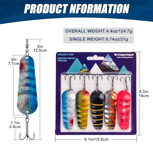 THKFISH 5pcs Saltwater Fishing Lures, Fishing Spoons with Durable Treble Hooks, Jigs Lure for Tuna Salmon Grouper, Sea Fish Jigging Lure, Trolling Spoon for Bass Fish with Tackle Box - color: 5pcs 20.7g/0.73oz
