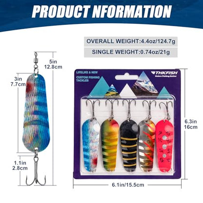 THKFISH 5pcs Saltwater Fishing Lures, Fishing Spoons with Durable Treble Hooks, Jigs Lure for Tuna Salmon Grouper, Sea Fish Jigging Lure, Trolling Spoon for Bass Fish with Tackle Box - color: 5pcs 20.7g/0.73oz