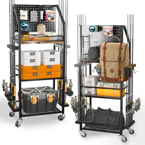 SOYEEZE Fishing Rod Holders for Garage, 3-Tier Fishing Pole Rack with Pegboard and Metal Mesh Fence, Fishing Gear Organizer with Hooks Up to 12 Rods, Rolling Fishing Storage Cart with Lockable Wheels - color: Black-6 Hooks, size: 4-side fence