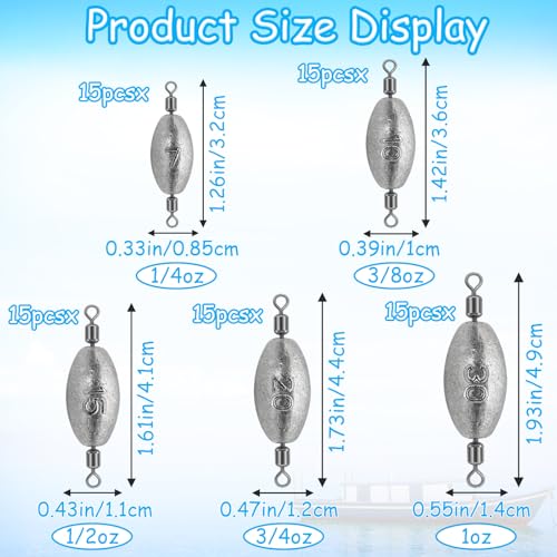 15Pcs Fishing Weights Sinkers Inline Trolling Sinkers with Inner Swivels | Egg Sinkers Oval Drop Shot Weights Lead for Saltwater Freshwater Fishing - size: 1oz-15Pcs