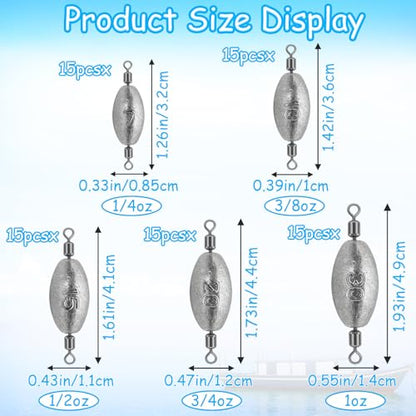 15Pcs Fishing Weights Sinkers Inline Trolling Sinkers with Inner Swivels | Egg Sinkers Oval Drop Shot Weights Lead for Saltwater Freshwater Fishing - size: 3/8oz-15Pcs