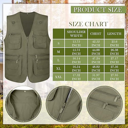 Janmercy 2 Pieces Men's Work Fishing Vest with Hat Lightweight Safari Travel Hunting Waistcoat With Multi Pockets Fishing Hat - color: Army Green, size: X-Large