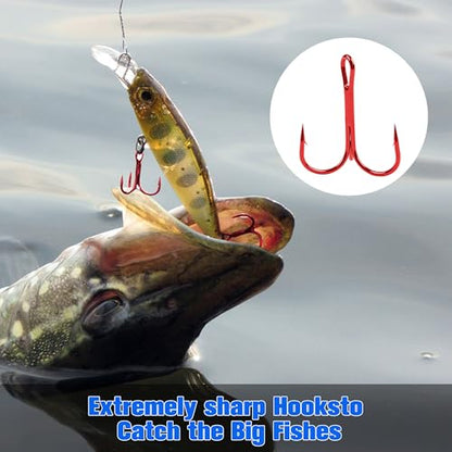 50 Pack Fishing Treble Hooks Kit High Carbon Steel Fish Hook Strong Sharp Round Bend Split Rings for Lures Baits Saltwater Freshwater Fishing Size 1/0 2 4 6 8 10 - color: Red, size: 4# - 50pcs