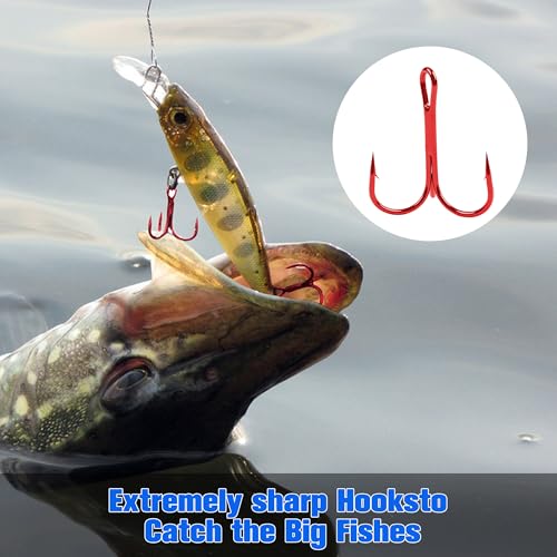50 Pack Fishing Treble Hooks Kit High Carbon Steel Fish Hook Strong Sharp Round Bend Split Rings for Lures Baits Saltwater Freshwater Fishing Size 1/0 2 4 6 8 10 - color: Red, size: 8# - 50pcs
