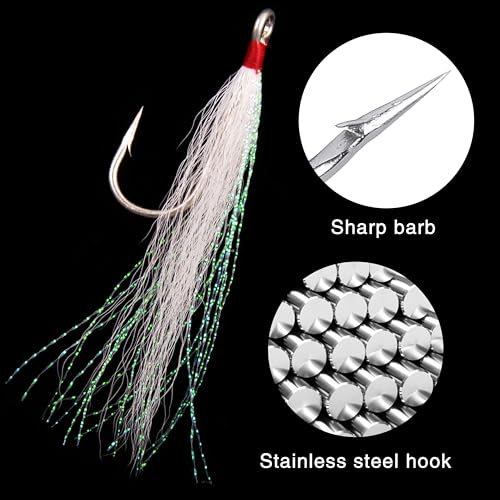 Bucktail Teasers Fishing Hooks Saltwater Flounder Rig Bucktail Mylar Teasers Inserted Stainless Steel Fishing Teaser Hooks for Striped Bass Trout Catfish Cod Flounder Hi/Lo Rig Jigs Spoons Lures - color: White, size: 6pcs