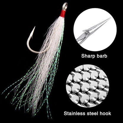 Bucktail Teasers Fishing Hooks Saltwater Flounder Rig Bucktail Mylar Teasers Inserted Stainless Steel Fishing Teaser Hooks for Striped Bass Trout Catfish Cod Flounder Hi/Lo Rig Jigs Spoons Lures - color: White, size: 12pcs