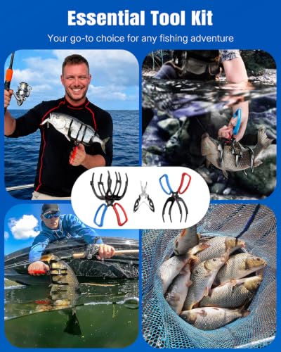 Pawfly Fish Grippers & Fishing Pliers, Fish Grabber Tool, Split Ring Pliers | Non-Slip 2 or 3 Claw Fish Control Clamps for Most Freshwater Fish, Metal Fish Hook Remover, Multifunctional Fishing Gear - size: 2+3 Claw+Lure pliers