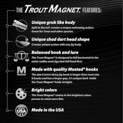 Trout Magnet 82-Piece Neon Fishing Gear Kit, Includes 70 Grub Bodies Trout Bait and 12 Size 8 Hooks