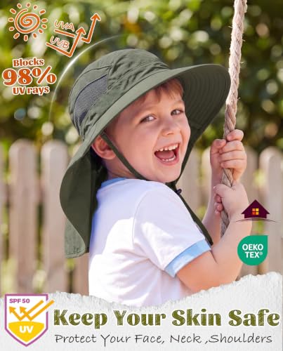 Home Prefer UPF50 Wide Brim Kids Sun Hat Neck Flap Boys Girls Sun Protection Hat for Beach Fishing - color: Army Green, size: 2-4T
