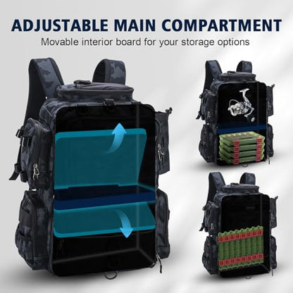 Goture Fishing Backpack with 4 Tackle Boxes,45L 600D Tackle Backpack with Rod Holders,8 Lure Pockets,Rain Cover,Large Fishing Bag Saltwater Gear Storage Bag for Camping Hiking - color: A1:45L Camo(With 4 3600 Tackle Boxes)
