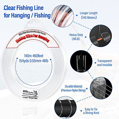 Clear Fishing Wire, Acejoz 656FT Fishing Line Clear Invisible Hanging Wire Strong Nylon String Supports 40 Pounds for Balloon Garland Hanging Decorations - style: 0.55mm, 460ft, 48lb