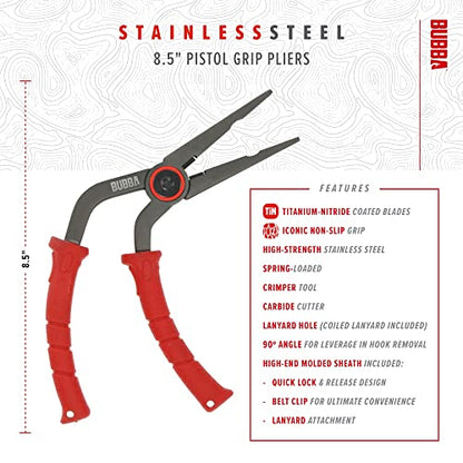 BUBBA Pistol Grip Stainless Steel Pliers, Spring Loaded with Crimping Tool and Anvil Cutter, Lanyard Hold and Sheath