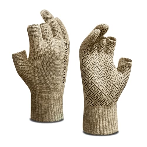 Riverruns Wool Fishing Gloves - Winter Fingerless Knitted Gloves for Men and Women 3-Cut Fingers Warm Gloves for Cold Weather, Fly Fishing, Ice Fishing, Kayaking - color: Coffee