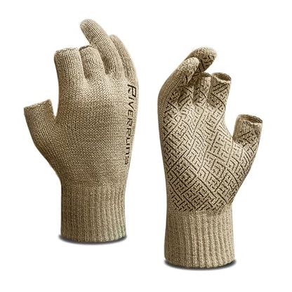 Riverruns Wool Fishing Gloves - Winter Fingerless Knitted Gloves for Men and Women 3-Cut Fingers Warm Gloves for Cold Weather, Fly Fishing, Ice Fishing, Kayaking - color: Coffee