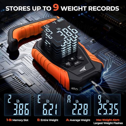 KastKing Weighmaster Mechanical-Digital Fishing Scale, 120 lb Capacity, 2.5" Backlit Display, High-Precision Sensor, 9 Weight Memory, Temperature Detection, IPX6 Waterproof, Fishing Gifts - style: B: Orange
