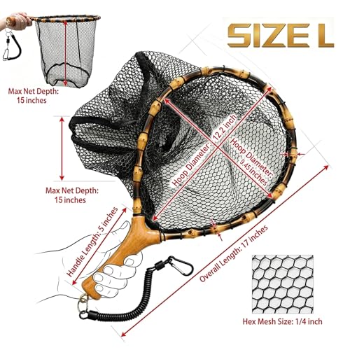 Floating Handcrafted Bamboo Fly Fishing Landing Net, Solid Wood Handle, Soft Rubber Coated Mesh for Trout, Kayak & Stream Fishing, Includes Magnetic Release & Safety Lanyard - size: Large, style: Straight Handlebar